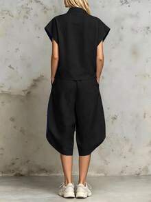 SHEIN Holidaya 新款淺亞麻色水洗POLO落肩3/4燈籠褲兩件套休閒度假風日常通勤旅行海灘黑色夏季 - 黑色 - 查看 2