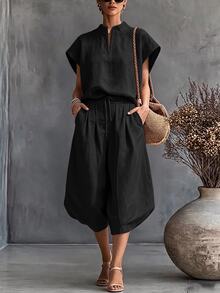 SHEIN Holidaya 新款淺亞麻色水洗POLO落肩3/4燈籠褲兩件套休閒度假風日常通勤旅行海灘黑色夏季 - 黑色 - 查看 1