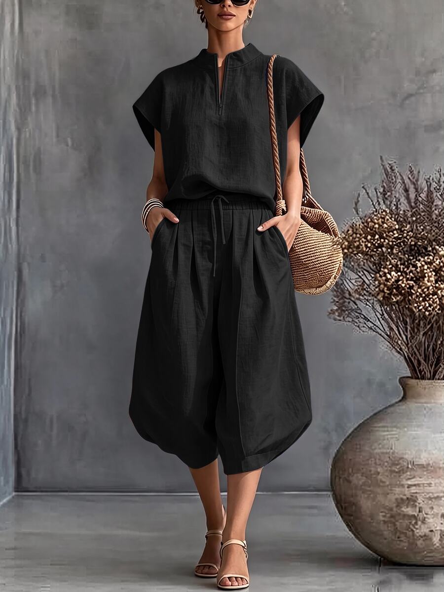 SHEIN Holidaya 新款淺亞麻色水洗POLO落肩3/4燈籠褲兩件套休閒度假風日常通勤旅行海灘黑色夏季 - 黑色 - 查看 1