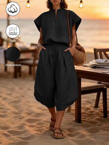 SHEIN Holidaya 新款淺亞麻色水洗POLO落肩3/4燈籠褲兩件套休閒度假風日常通勤旅行海灘黑色夏季 - 黑色 - 查看 3