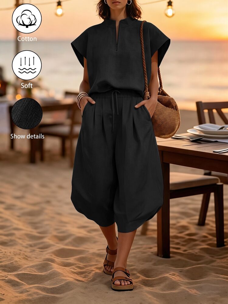 SHEIN Holidaya New Light Linen Color Washed POLO Drop Shoulder 3/4 Lantern Pants 2 Pieces Set Casual Vacation Style Daily Commute Travel Beach Black Summer - Black - View 3