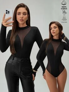 SHEIN Tall 女款黑色網紗拼接棉質連身衣，小高領長袖深V幾何拼接內搭，適合派對、音樂節與日常通勤穿著 - 黑色 - 查看 1