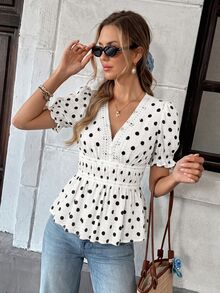 SHEIN PariChic Women's Summer French Floral V-Neck Blouse - Puff Sleeve Lace Paneled Ruched Waist Top, White And Black Polka Dot Vintage Everyday Date - White - View 1