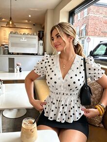 SHEIN PariChic Women's Summer French Floral V-Neck Blouse - Puff Sleeve Lace Paneled Ruched Waist Top, White And Black Polka Dot Vintage Everyday Date - White - View 3