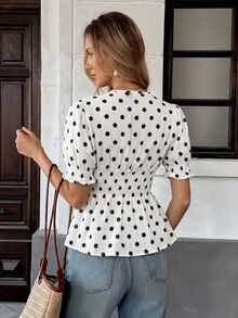 SHEIN PariChic Women's Summer French Floral V-Neck Blouse - Puff Sleeve Lace Paneled Ruched Waist Top, White And Black Polka Dot Vintage Everyday Date - White - View 2