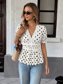 SHEIN PariChic Women's Summer French Floral V-Neck Blouse - Puff Sleeve Lace Paneled Ruched Waist Top, White And Black Polka Dot Vintage Everyday Date - White - View 5