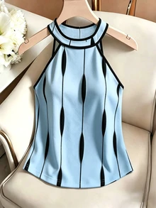 SHEIN Franclia 女款春夏新款淺藍色掛脖圓領對比飾邊無袖背心上衣，優雅休閒街頭風通勤晚餐日常穿搭 - 淺藍色 - 查看 4
