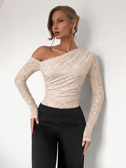 Rafferiza Women's Fall Beige Digital Print Asymmetrical Long-Sleeve Bodysuit, Slash Neck Ruched Slim Fit Base Layer, Chic Occasion Wear For Daily Date Party