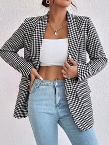 SHEIN Franclia 女款黑白千鳥格棉質西裝外套，大翻領長袖商務休閒西裝夾克，適合辦公室教師節夏季穿著 - 黑色 - 查看 6