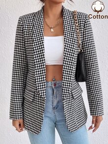 SHEIN Franclia 女款黑白千鳥格棉質西裝外套，大翻領長袖商務休閒西裝夾克，適合辦公室教師節夏季穿著 - 黑色 - 查看 4