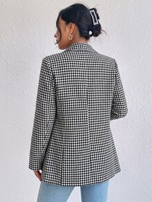 SHEIN Franclia 女款黑白千鳥格棉質西裝外套，大翻領長袖商務休閒西裝夾克，適合辦公室教師節夏季穿著 - 黑色 - 查看 3