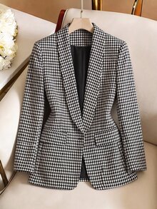 SHEIN Franclia 女款黑白千鳥格棉質西裝外套，大翻領長袖商務休閒西裝夾克，適合辦公室教師節夏季穿著 - 黑色 - 查看 10