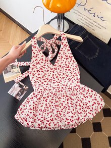 SHEIN 夏季優雅法式風格女款上衣，內建胸墊，無需穿內衣，波點掛脖設計 - 白色 - 查看 6