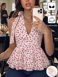 SHEIN 夏季優雅法式風格女款上衣，內建胸墊，無需穿內衣，波點掛脖設計 - 白色 - 查看 4