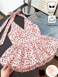 SHEIN 夏季優雅法式風格女款上衣，內建胸墊，無需穿內衣，波點掛脖設計 - 白色 - 查看 1