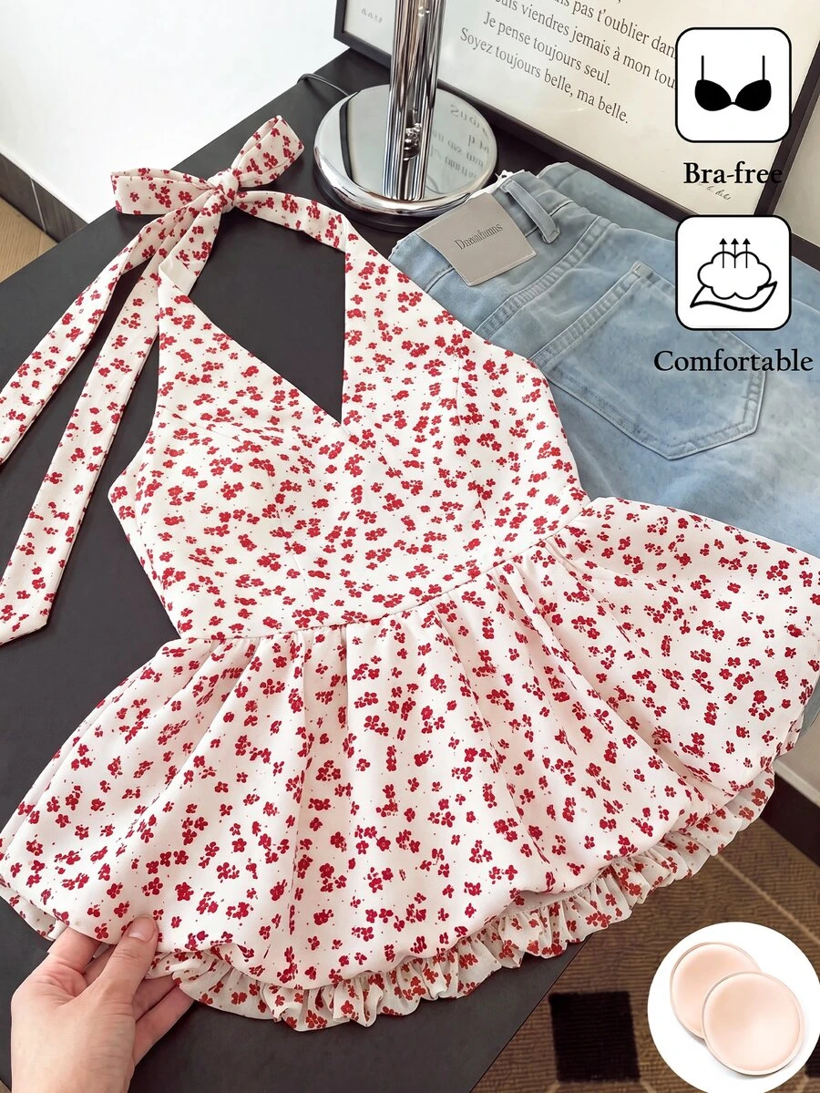 SHEIN 夏季優雅法式風格女款上衣,內建胸墊,無需穿內衣,波點掛脖設計 - 白色 - 查看 1