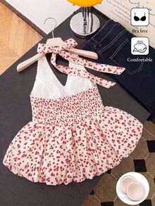 SHEIN 夏季優雅法式風格女款上衣，內建胸墊，無需穿內衣，波點掛脖設計 - 白色 - 查看 7