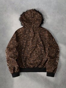 ROMWE MEN 男士寬鬆豹紋抓絨領連帽衛衣 - 棕色 - 查看 3
