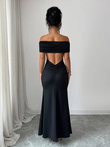SHEIN Raffinéa 新款露肩露背修身魚尾長洋裝 夜黑 夏日性感 - 黑色 - 查看 2