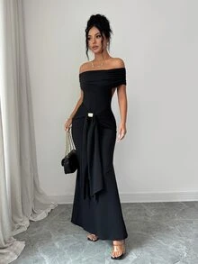 SHEIN Raffinéa 新款露肩露背修身魚尾長洋裝 夜黑 夏日性感 - 黑色 - 查看 4