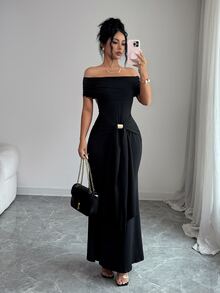 SHEIN Raffinéa 新款露肩露背修身魚尾長洋裝 夜黑 夏日性感 - 黑色 - 查看 5