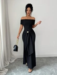 SHEIN Raffinéa 新款露肩露背修身魚尾長洋裝 夜黑 夏日性感 - 黑色 - 查看 6