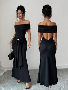 SHEIN Raffinéa 新款露肩露背修身魚尾長洋裝 夜黑 夏日性感 - 黑色 - 查看 3