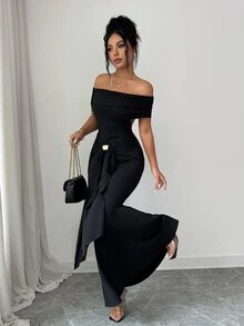 SHEIN Raffinéa 新款露肩露背修身魚尾長洋裝 夜黑 夏日性感 - 黑色 - 查看 1