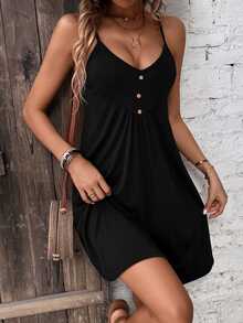 EMERY ROSE Plus Size Solid Button Detail Cami Dress - Black - View 3