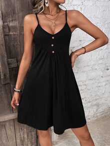 EMERY ROSE Plus Size Solid Button Detail Cami Dress - Black - View 1