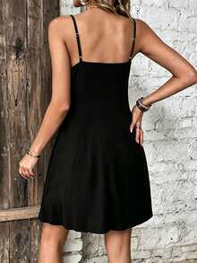 EMERY ROSE Plus Size Solid Button Detail Cami Dress - Black - View 2