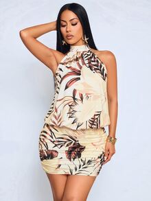 SOLERSUN Women's Summer Casual Elegant Chic Vacation Sexy Party High Neck Halter Backless Mini Bodycon Dress Floral Print Suitable For All Seasons Music Festival,Country Concert Going Out Club Outfits Women Sexy Dating Dress,Women Night Out Dress,Summer Dresses For Women, Honeymoon Outfits Woman .Women Wedding Guest Dress. Island Vacation Outfits,Wedding Guest Dress Women ,Elegant Dresses For Party, Birthday Dresses For Women(Random Floral) - Brown - View 5