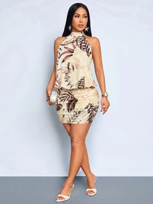 SOLERSUN Women's Summer Casual Elegant Chic Vacation Sexy Party High Neck Halter Backless Mini Bodycon Dress Floral Print Suitable For All Seasons Music Festival,Country Concert Going Out Club Outfits Women Sexy Dating Dress,Women Night Out Dress,Summer Dresses For Women, Honeymoon Outfits Woman .Women Wedding Guest Dress. Island Vacation Outfits,Wedding Guest Dress Women ,Elegant Dresses For Party, Birthday Dresses For Women(Random Floral) - Brown - View 8