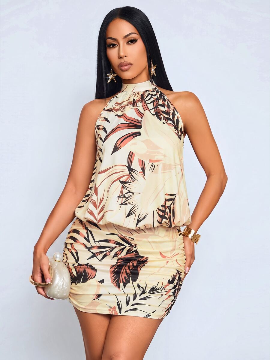 SOLERSUN Women's Summer Casual Elegant Chic Vacation Sexy Party High Neck Halter Backless Mini Bodycon Dress Floral Print Suitable For All Seasons Music Festival,Country Concert Going Out Club Outfits Women Sexy Dating Dress,Women Night Out Dress,Summer Dresses For Women, Honeymoon Outfits Woman .Women Wedding Guest Dress. Island Vacation Outfits,Wedding Guest Dress Women ,Elegant Dresses For Party, Birthday Dresses For Women(Random Floral) - Brown - View 1