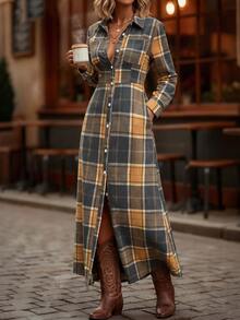 SHEIN Clasi Plaid Print Button Front Shirt Dress - Multicolor - View 1