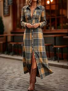 SHEIN Clasi Plaid Print Button Front Shirt Dress - Multicolor - View 5