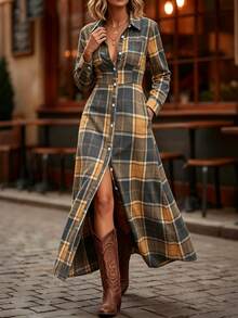 SHEIN Clasi Plaid Print Button Front Shirt Dress - Multicolor - View 4