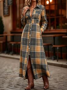 SHEIN Clasi Plaid Print Button Front Shirt Dress - Multicolor - View 3