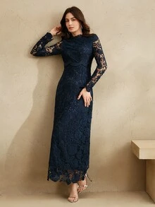 Anewsta 女士优雅法式玫瑰高端缎面撞色蕾丝奢华连衣裙 - 藍色 - 查看 3