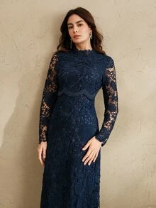 Anewsta 女士优雅法式玫瑰高端缎面撞色蕾丝奢华连衣裙 - 藍色 - 查看 7