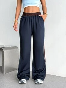 SHEIN Sports Women's Casual Muscle Essential Elastic Waist Wide Leg Long Pants For Sports, Daily Wear And Versatile Outfits Gym Sport Navy Summer - Navy Blue - View 3