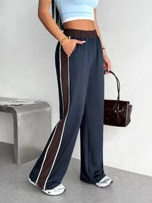 SHEIN Sports Women's Casual Muscle Essential Elastic Waist Wide Leg Long Pants For Sports, Daily Wear And Versatile Outfits Gym Sport Navy Summer - Navy Blue - View 4