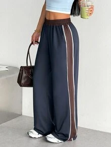 SHEIN Sports Women's Casual Muscle Essential Elastic Waist Wide Leg Long Pants For Sports, Daily Wear And Versatile Outfits Gym Sport Navy Summer - Navy Blue - View 5