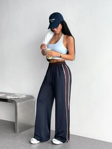 SHEIN Sports Women's Casual Muscle Essential Elastic Waist Wide Leg Long Pants For Sports, Daily Wear And Versatile Outfits Gym Sport Navy Summer - Navy Blue - View 6