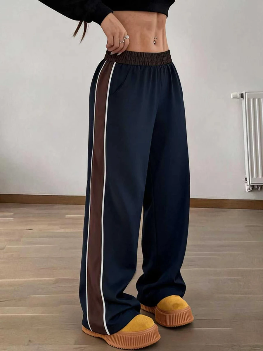 SHEIN Sports Women's Casual Muscle Essential Elastic Waist Wide Leg Long Pants For Sports, Daily Wear And Versatile Outfits Gym Sport Navy Summer - Navy Blue - View 1