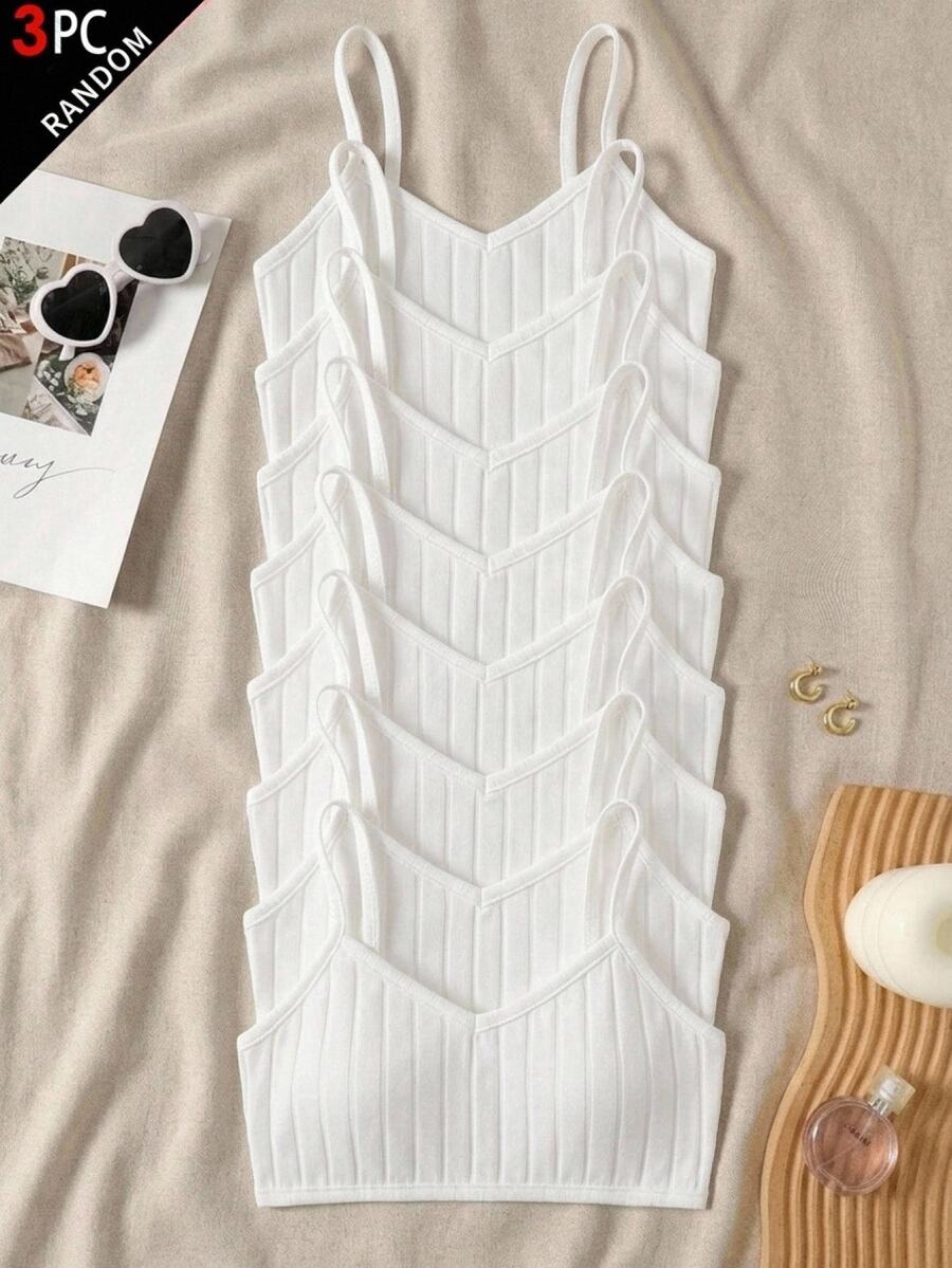 SHEIN Tween Girl Tween Girl 3pcs Tween Girl Solid Color Ribbed Camisole Tank Tops - White - View 1