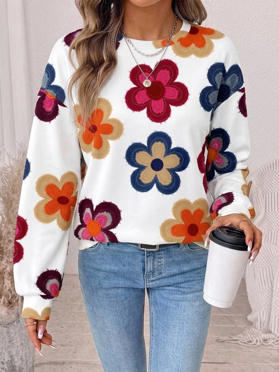 SHEIN LUNE 女款休閒圓領衛衣,秋冬服飾,花卉印花 - 彩色 - 查看 1