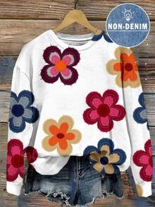 SHEIN LUNE 女款休閒圓領衛衣，秋冬服飾，花卉印花 - 彩色 - 查看 4