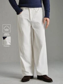 Calmiston Men's Solid Color Versatile Button Pocket Casual Long Pants For Daily Wear - White - View 2