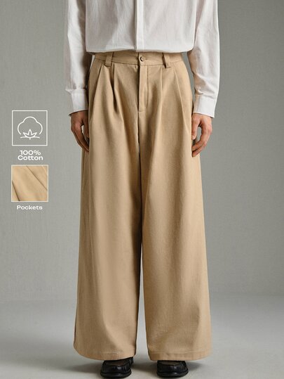 Calmiston Men's High-Quality Thick 100% Cotton Solid Color Pocket Casual Versatile Daily Travel Wide Leg Pants Birthday Graduation Office Workout Khaki Autumn